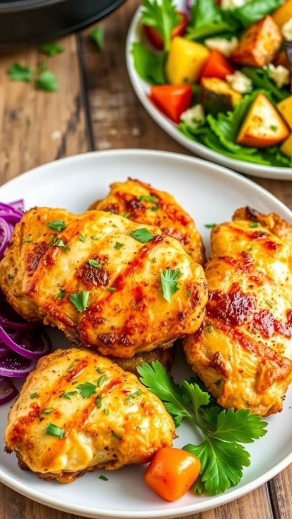 Crispy air fryer chicken served with salad and roasted vegetables on a rustic table.